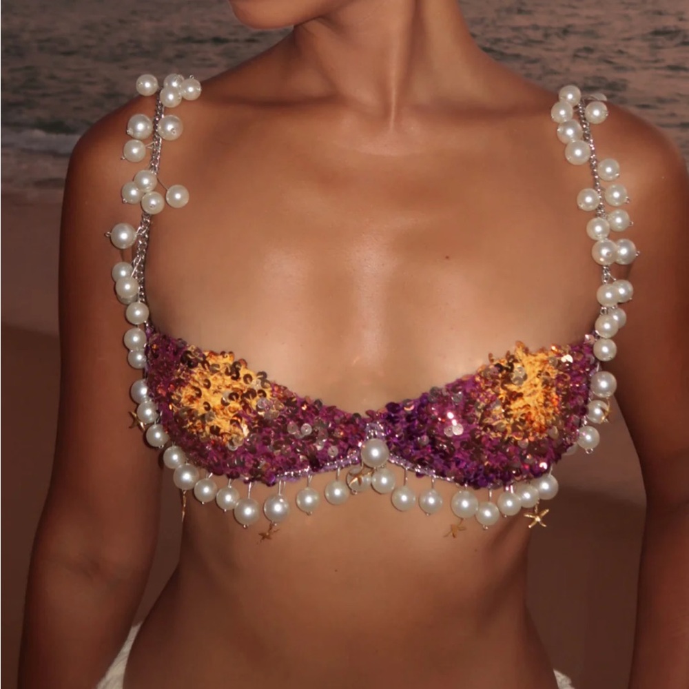 Purple and Gold Sequin Bra with Pearl Straps